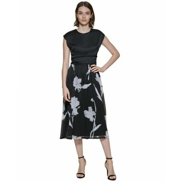 NWT $139 DKNY CAP SLEEVE TOP FLOWER SKIRT BLACK DRESS SIZE 6 - Picture 1 of 10